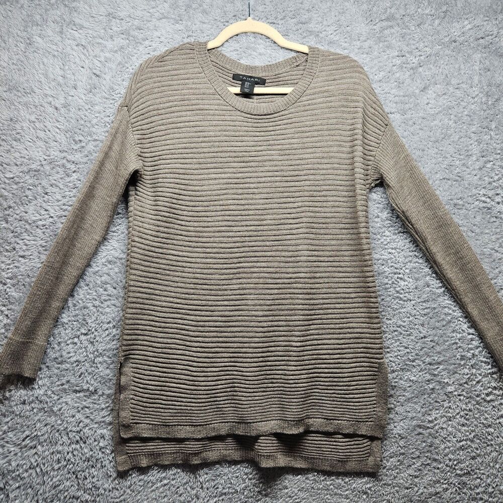 Tahari Womens Brown Ribbed Merino Wool Sweater Button Down Back Size Medium